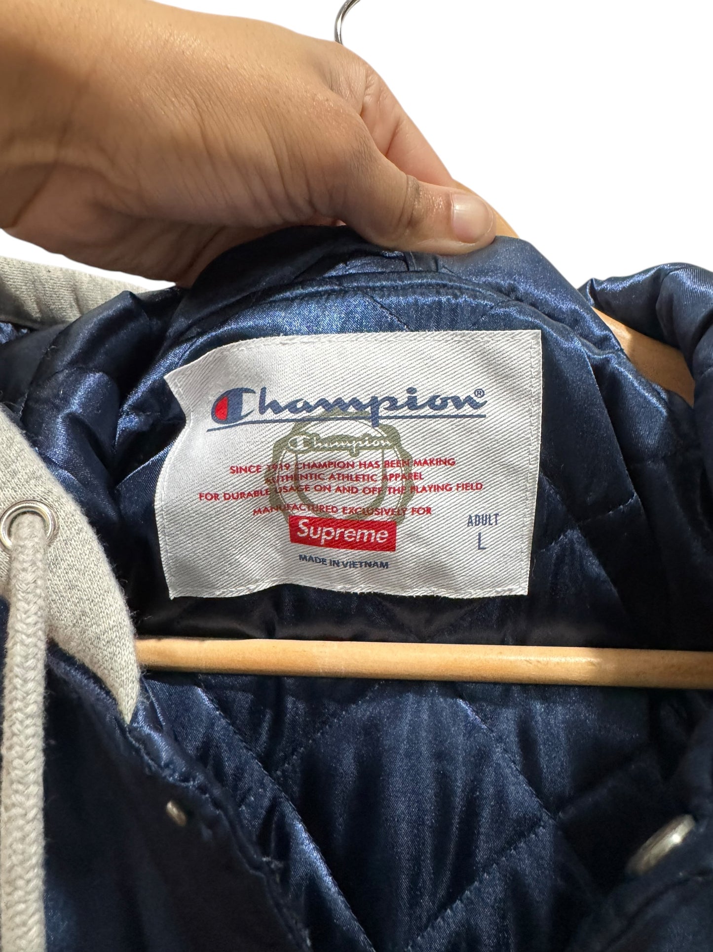 Supreme x Champion Hooded Satin Varsity Jacket Navy