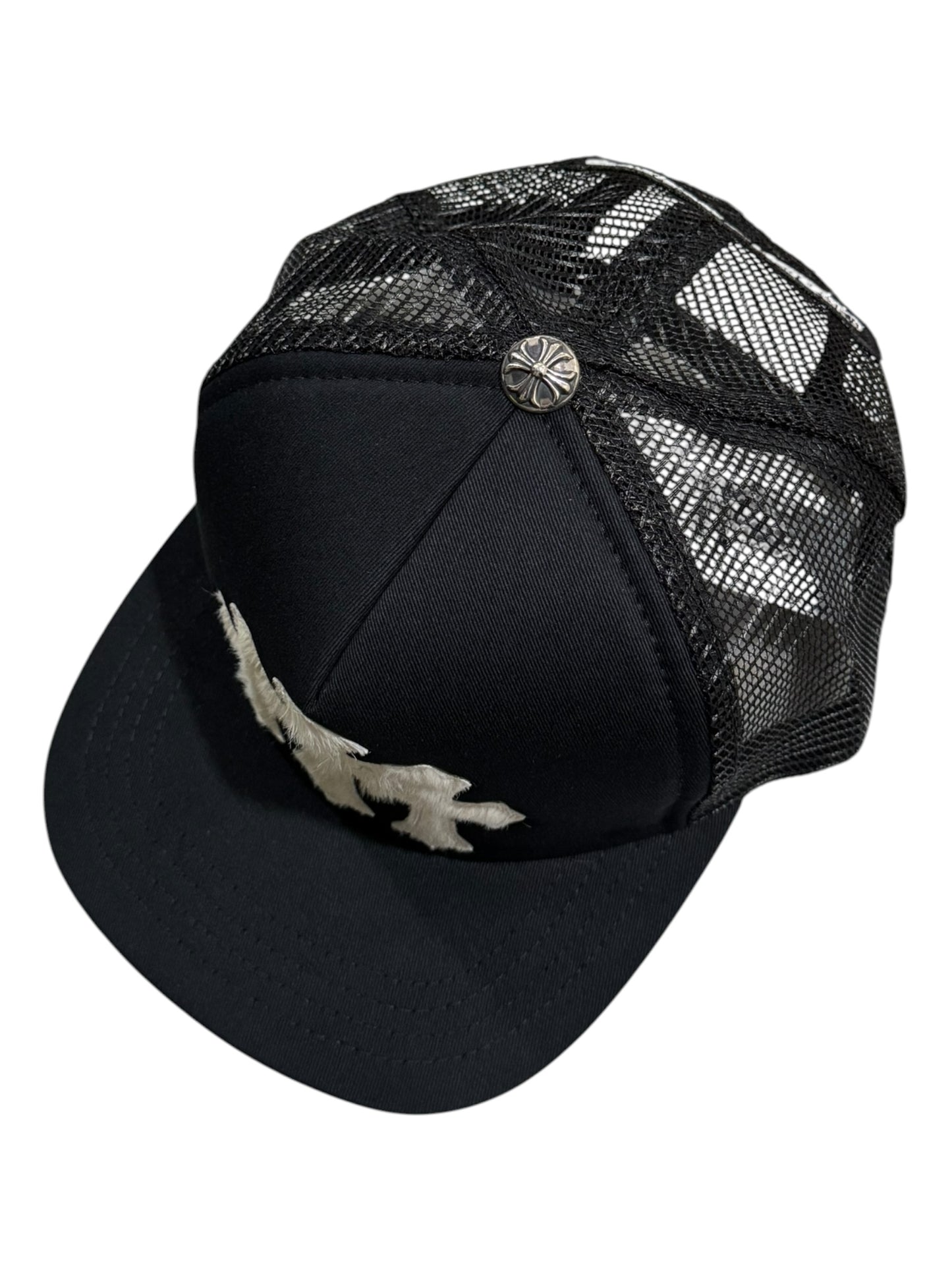 Chrome Hearts Pony Hair Cemetary Cross Trucker Hat Black White