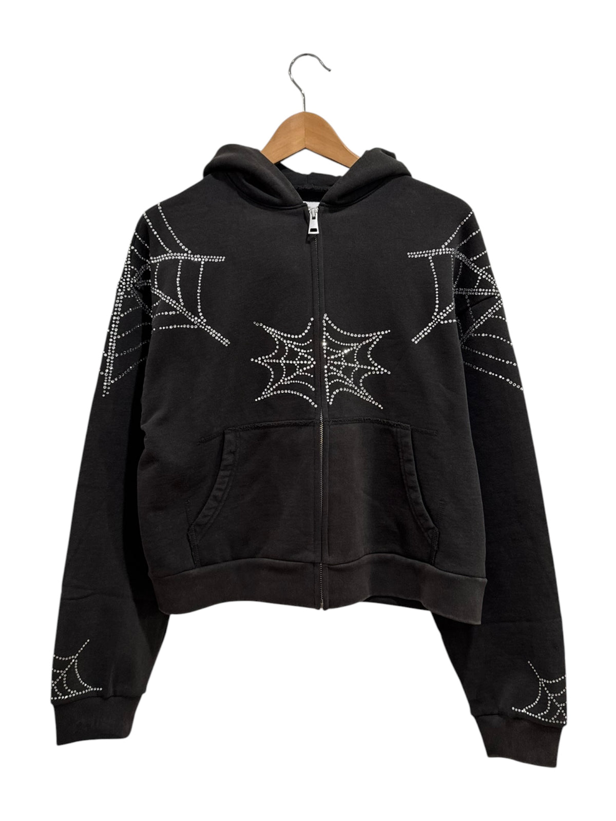 Sp5der Rhinestone Web Zip Hoodie Black