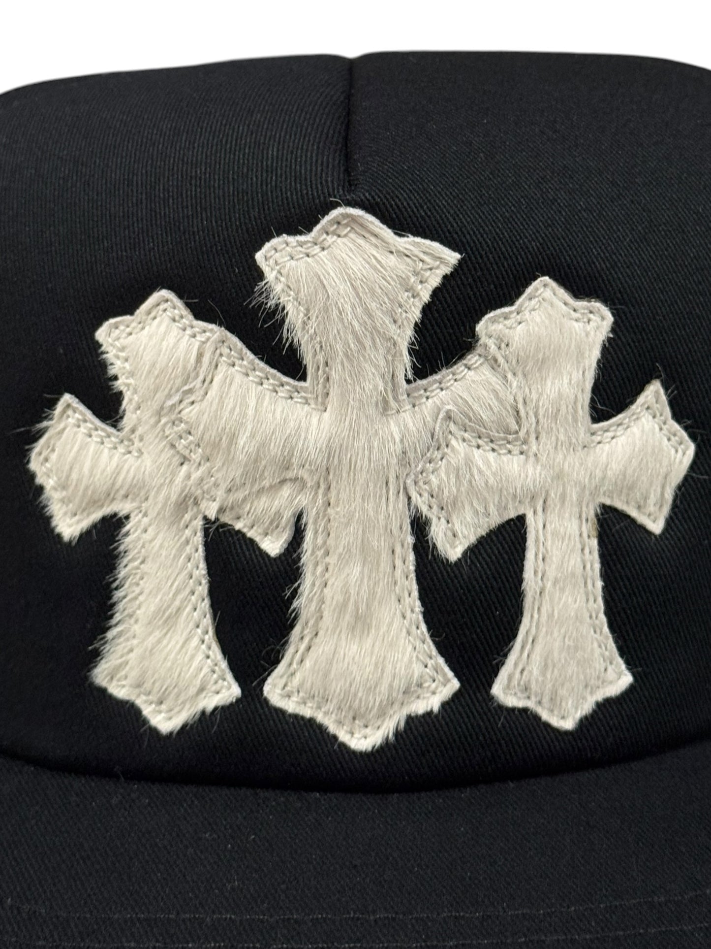 Chrome Hearts Pony Hair Cemetary Cross Trucker Hat Black White
